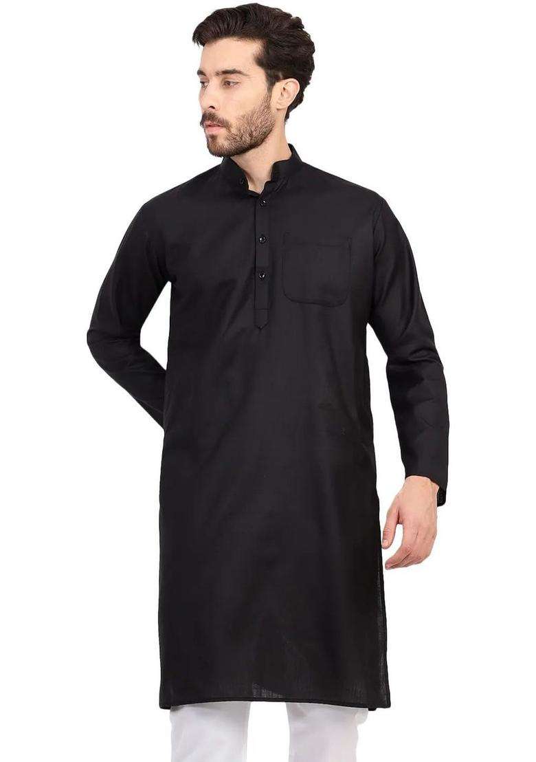 Black Solid Silk Blend Kurta Set For Men - Indya