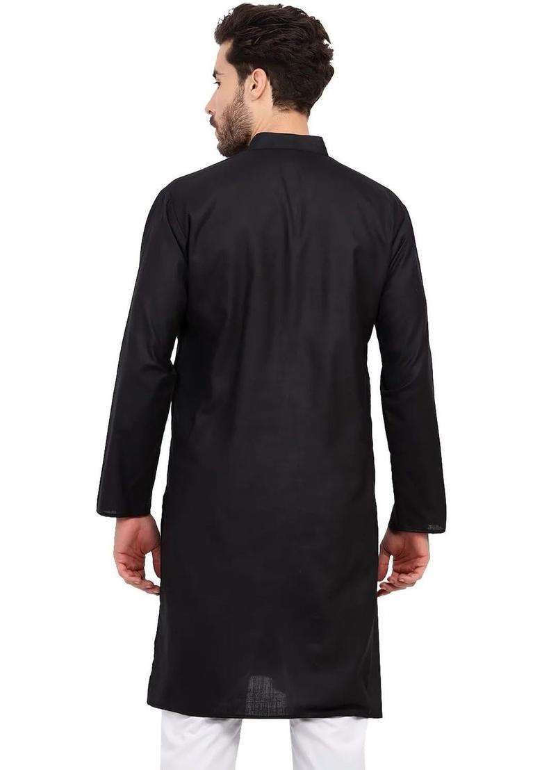 Black Solid Silk Blend Kurta Set For Men - Indya