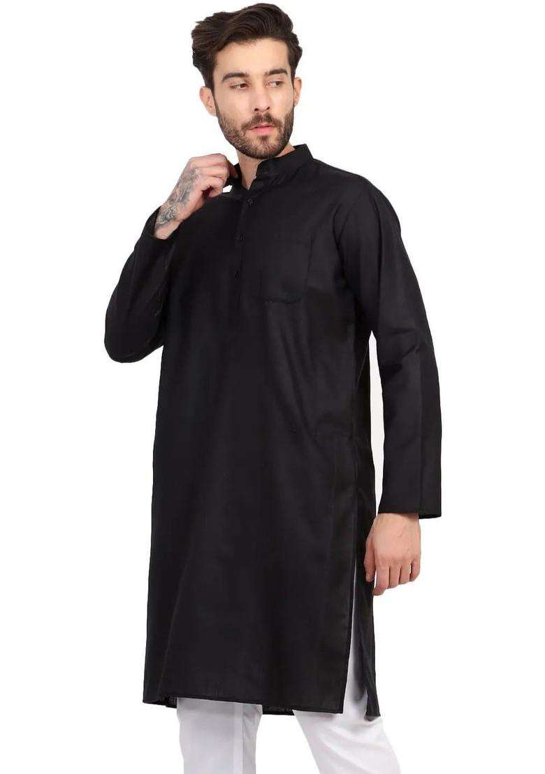Black Solid Silk Blend Kurta Set For Men - Indya