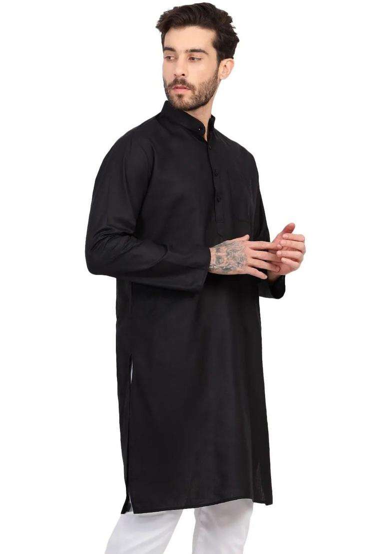 Black Solid Silk Blend Kurta Set For Men - Indya