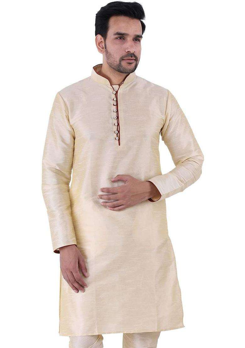 Cream Solid Silk Kurta Set For Men - Indya