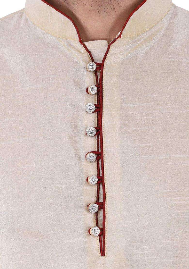 Cream Solid Silk Kurta Set For Men - Indya