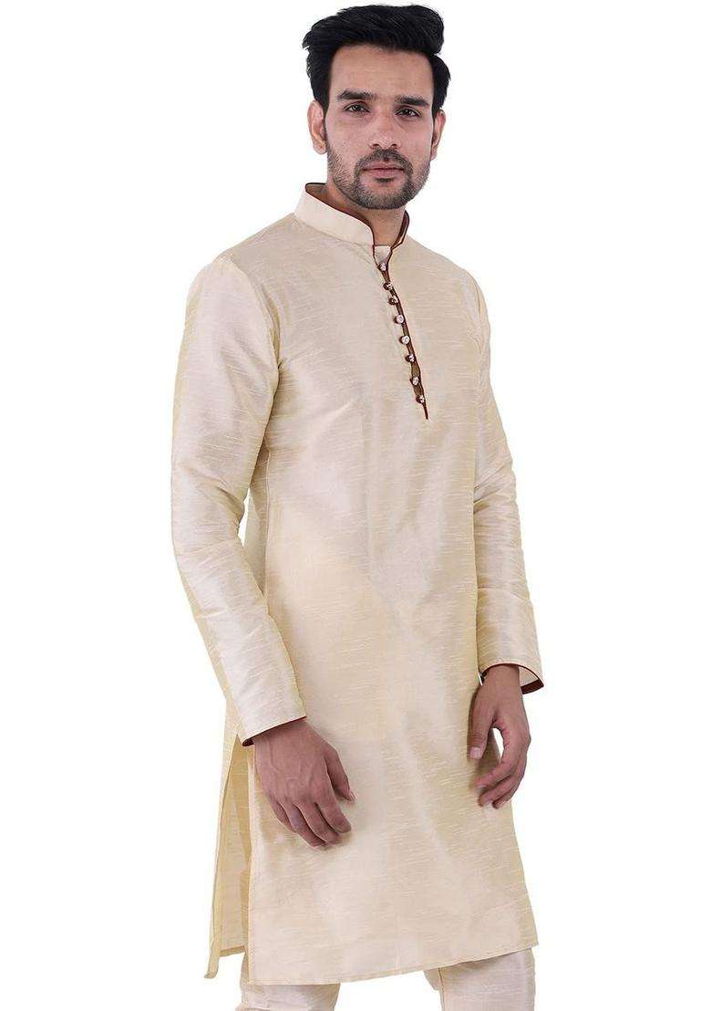 Cream Solid Silk Kurta Set For Men - Indya