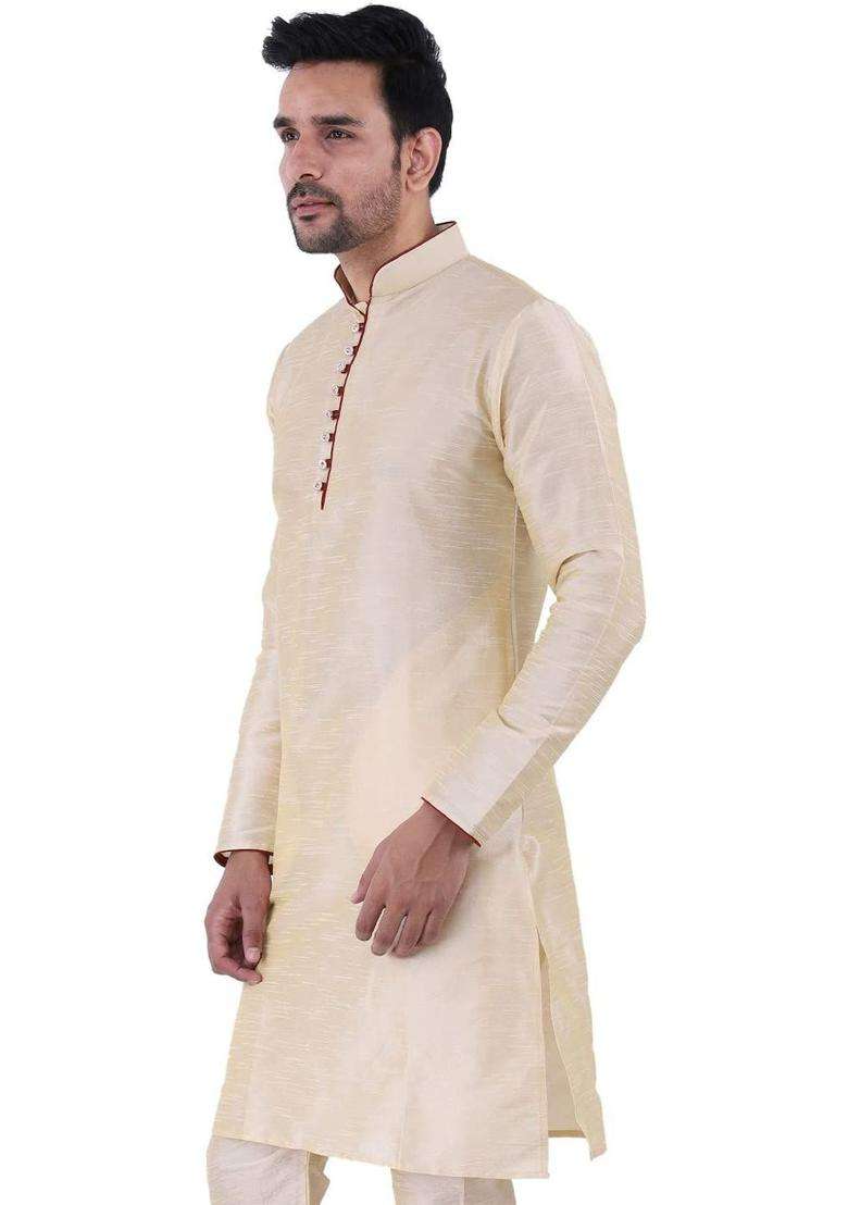 Cream Solid Silk Kurta Set For Men - Indya