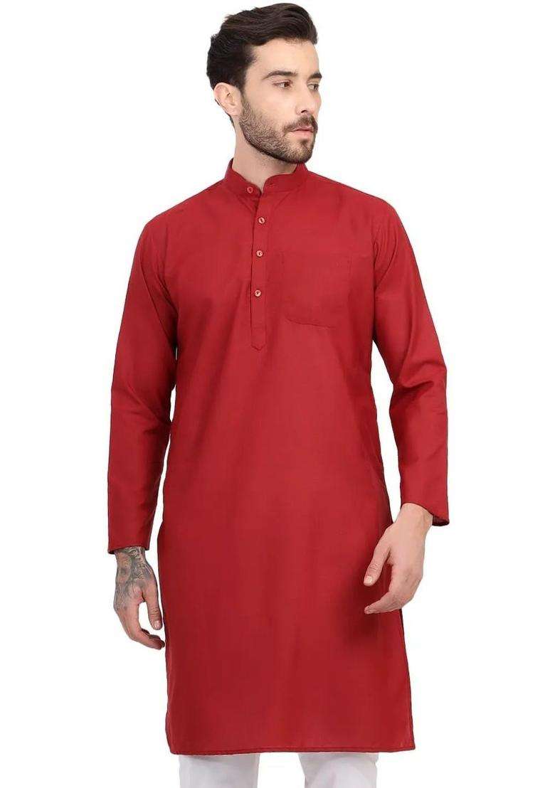 Maroon Solid Silk Blend Kurta Set For Men - Indya