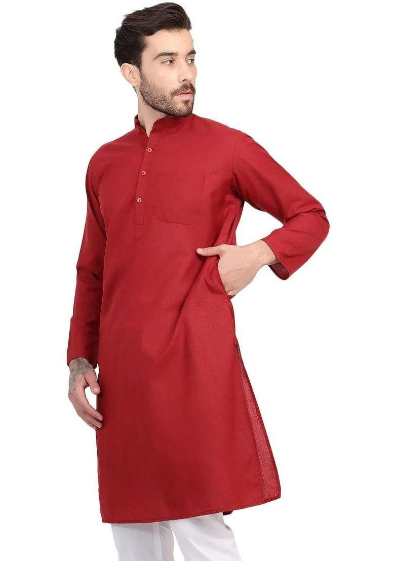 Maroon Solid Silk Blend Kurta Set For Men - Indya