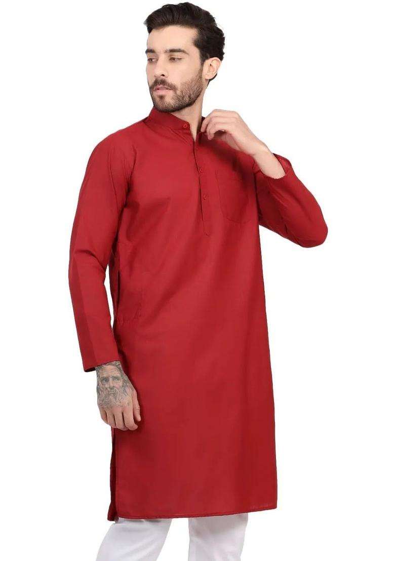 Maroon Solid Silk Blend Kurta Set For Men - Indya