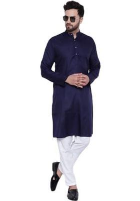 Navy Blue Solid Cotton Kurta Set For Men