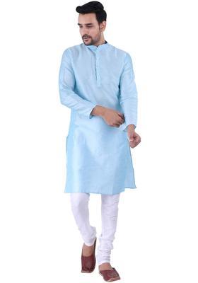 Blue Solid Silk Kurta Set For Men