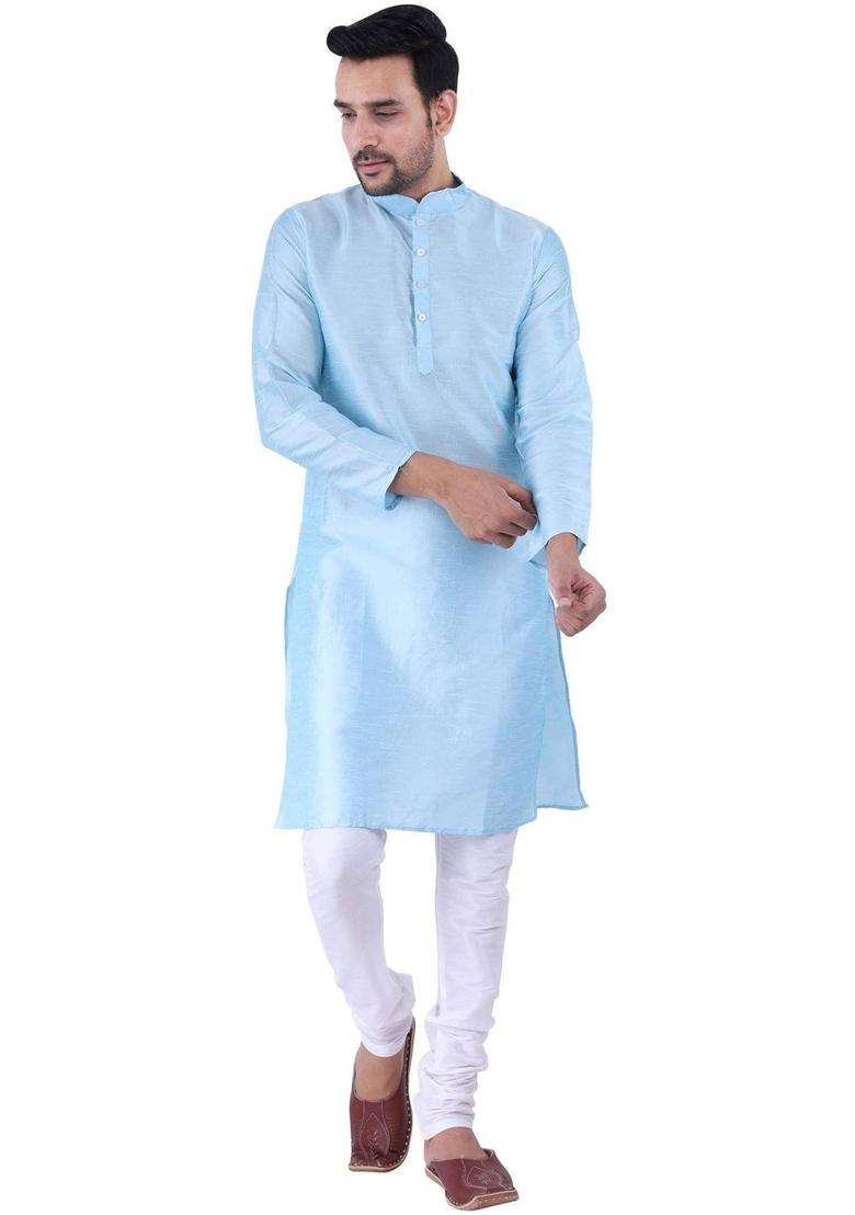 Blue Solid Silk Blend Kurta Set For Men - Indya