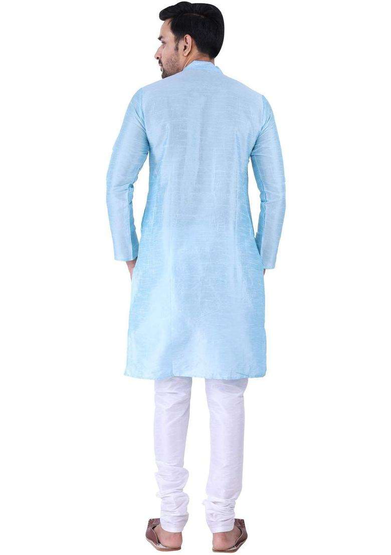 Blue Solid Silk Blend Kurta Set For Men - Indya