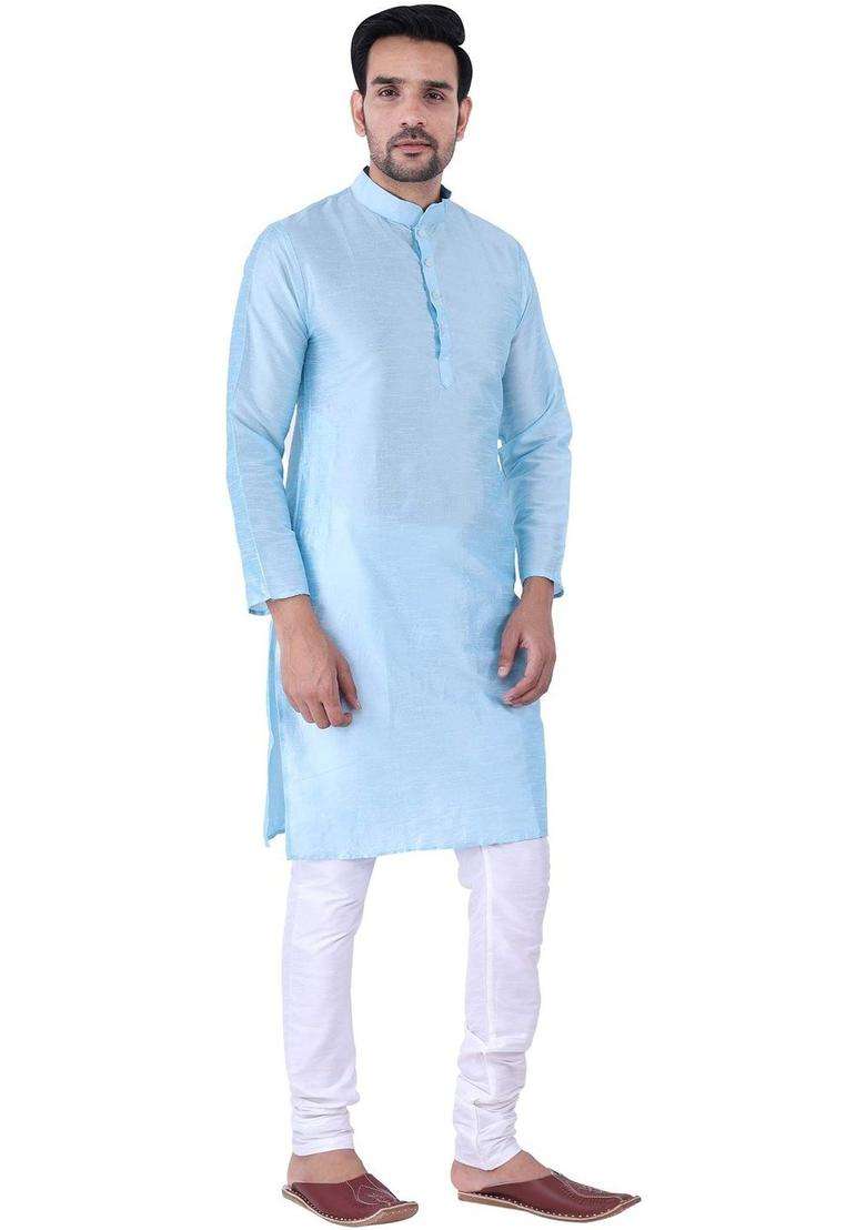 Blue Solid Silk Blend Kurta Set For Men - Indya