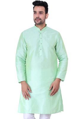 Lime Green Solid Silk Kurta Set For Men