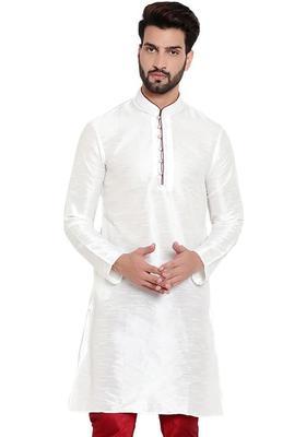 White Self Design Silk Kurta Set For Men