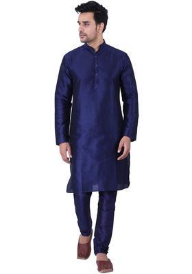 Navy Blue Solid Silk Kurta Set For Men