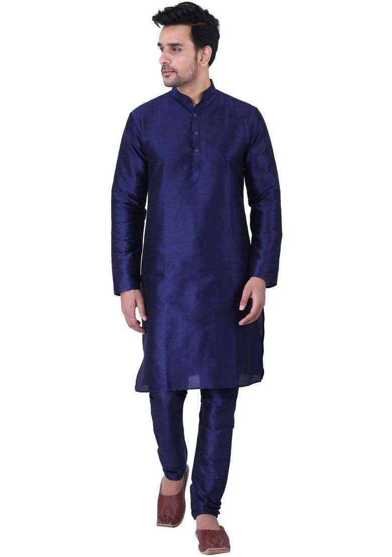 Navy Blue Solid Silk Blend Kurta Set For Men - Indya