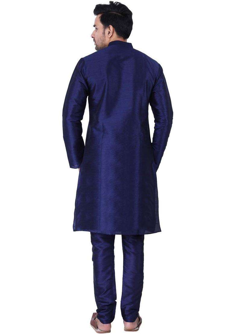 Navy Blue Solid Silk Blend Kurta Set For Men - Indya