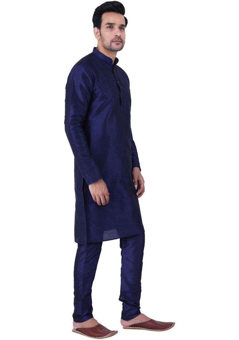 Navy Blue Solid Silk Blend Kurta Set For Men - Indya