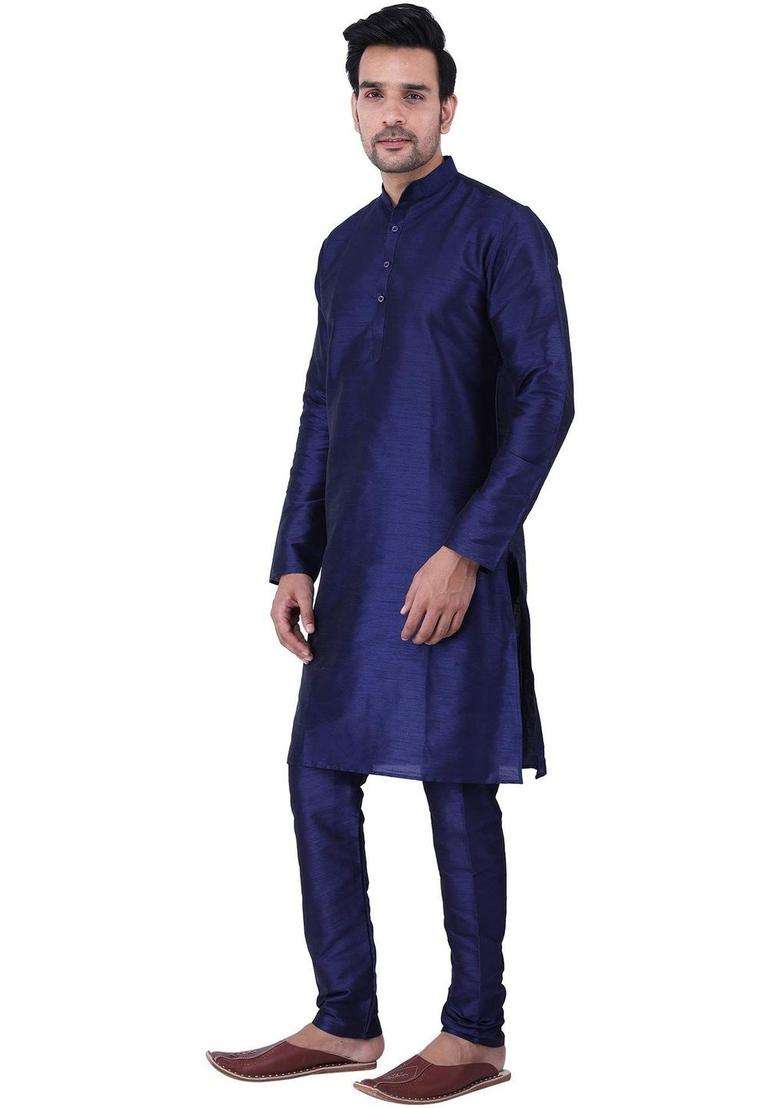 Navy Blue Solid Silk Blend Kurta Set For Men - Indya