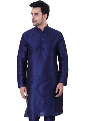 Navy Blue Solid Silk Kurta Set For Men