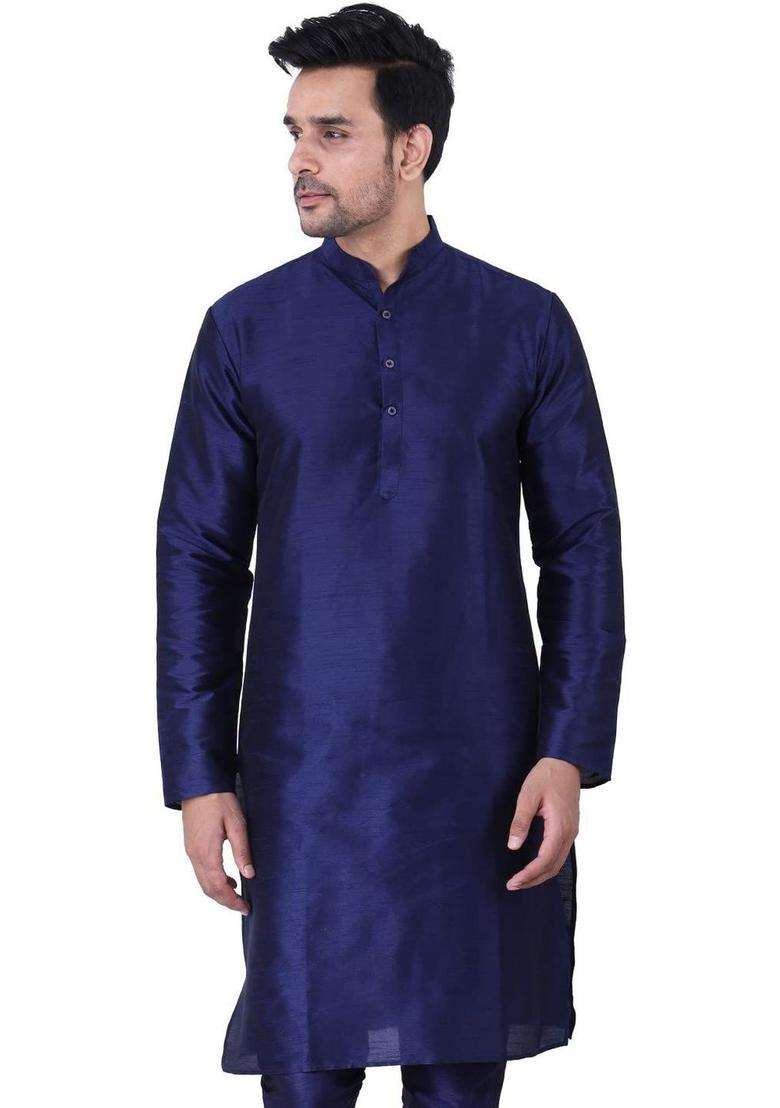 Navy Blue Solid Silk Blend Kurta Set For Men - Indya