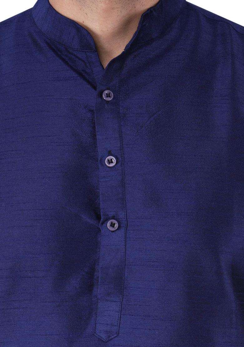 Navy Blue Solid Silk Blend Kurta Set For Men - Indya