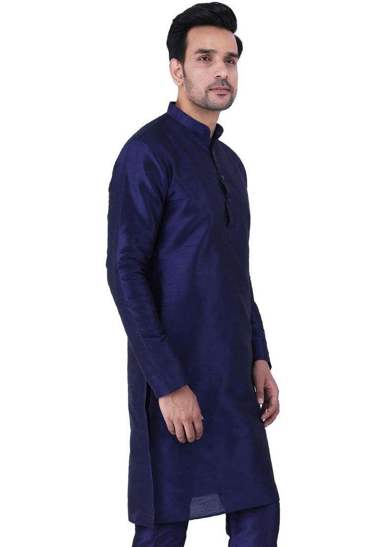 Navy Blue Solid Silk Blend Kurta Set For Men - Indya