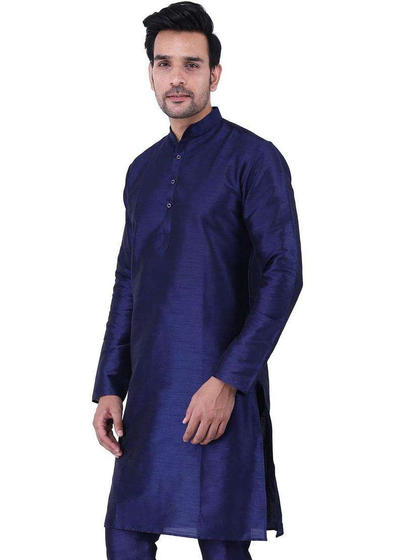 Navy Blue Solid Silk Blend Kurta Set For Men - Indya