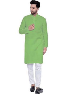 Lime Green Solid Cotton Kurta Set For Men