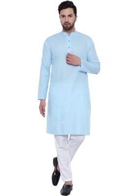 Blue Solid Cotton Kurta Set For Men