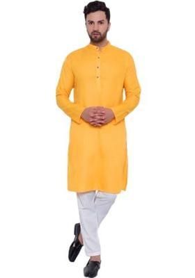Yellow Solid Cotton Kurta Set For Men