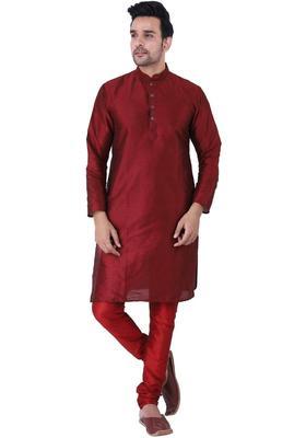 Maroon Solid Silk Kurta Set For Men