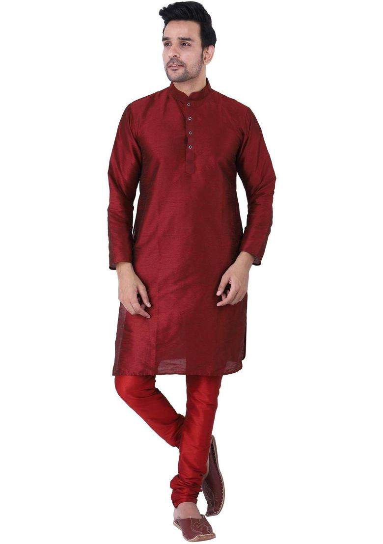 Maroon Solid Silk Blend Kurta Set For Men - Indya
