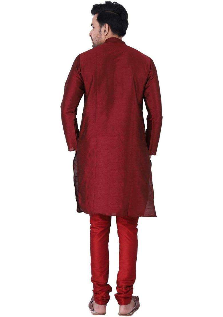 Maroon Solid Silk Blend Kurta Set For Men - Indya