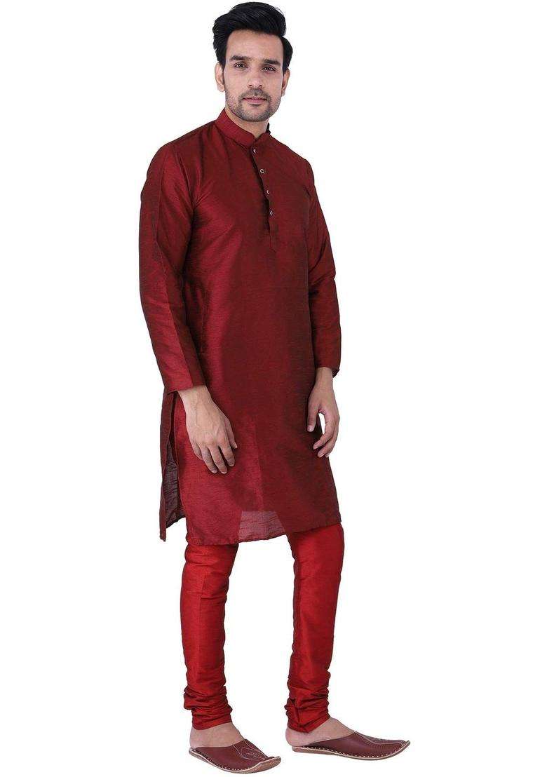 Maroon Solid Silk Blend Kurta Set For Men - Indya