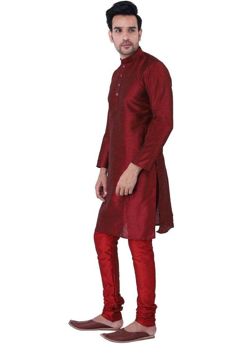 Maroon Solid Silk Blend Kurta Set For Men - Indya