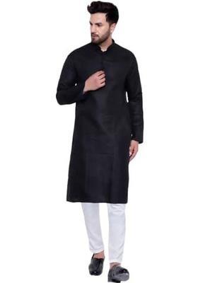 Black Solid Cotton Kurta Set For Men