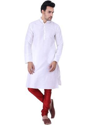 White Solid Silk Kurta Set For Men