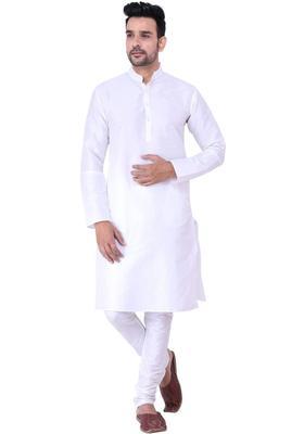 White Solid Silk Kurta Set For Men
