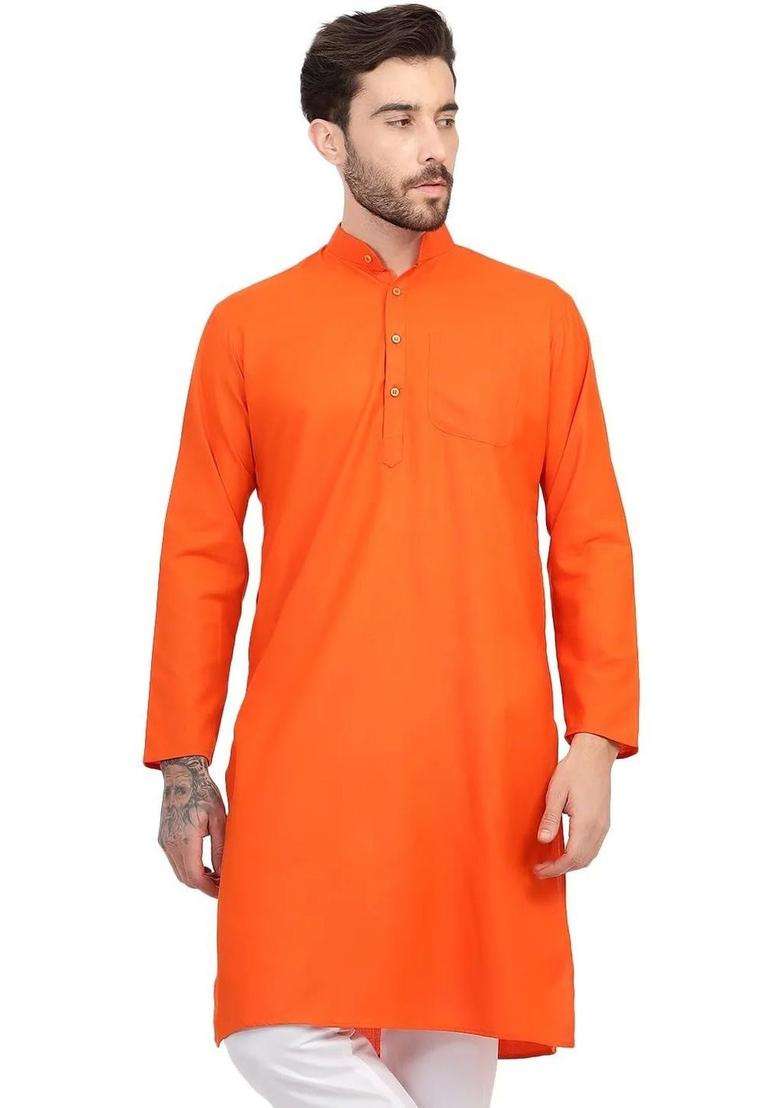 Orange Solid Silk Blend Kurta Set For Men - Indya