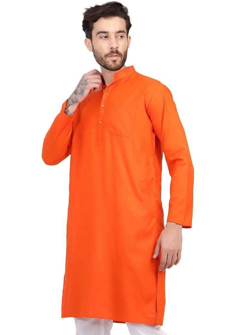 Orange Solid Silk Blend Kurta Set For Men - Indya