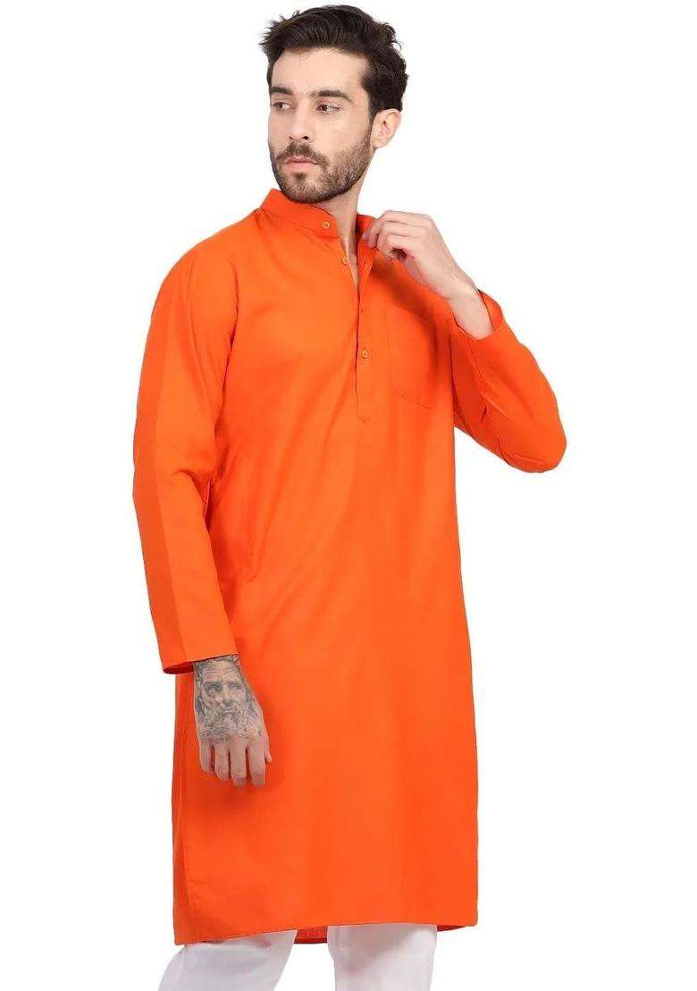 Orange Solid Silk Blend Kurta Set For Men - Indya
