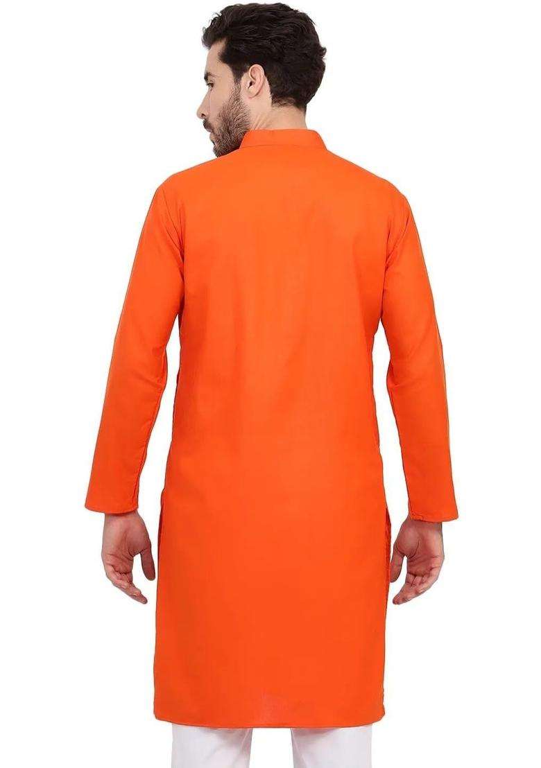 Orange Solid Silk Blend Kurta Set For Men - Indya