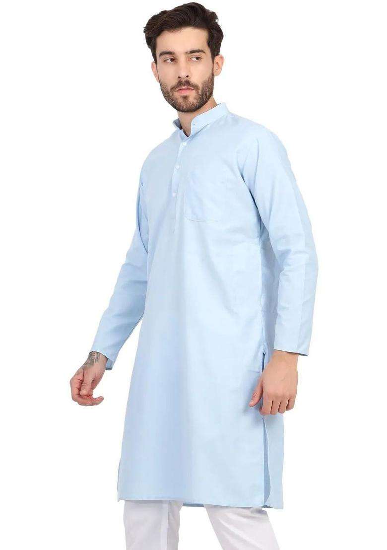 Light Blue Solid Silk Blend Kurta Set For Men - Indya
