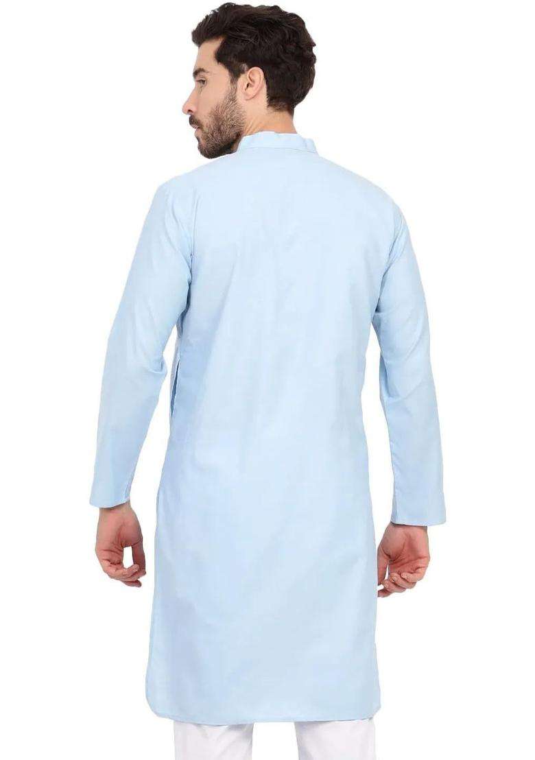 Light Blue Solid Silk Blend Kurta Set For Men - Indya