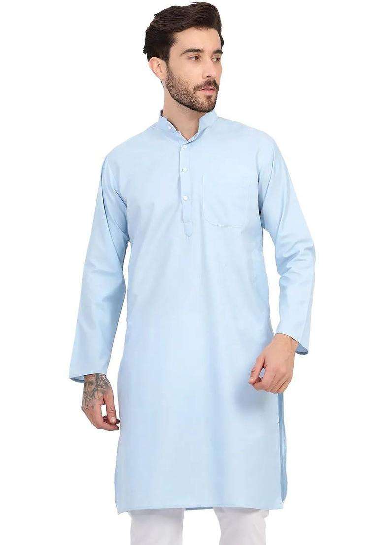 Light Blue Solid Silk Blend Kurta Set For Men - Indya