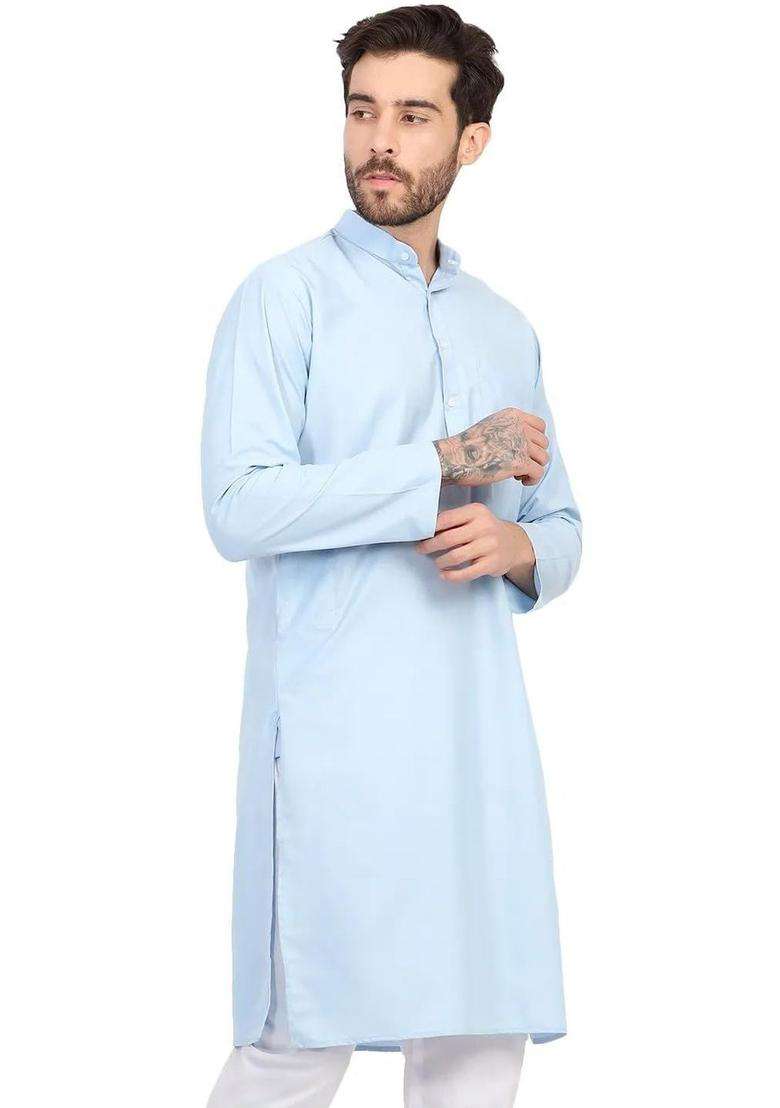 Light Blue Solid Silk Blend Kurta Set For Men - Indya