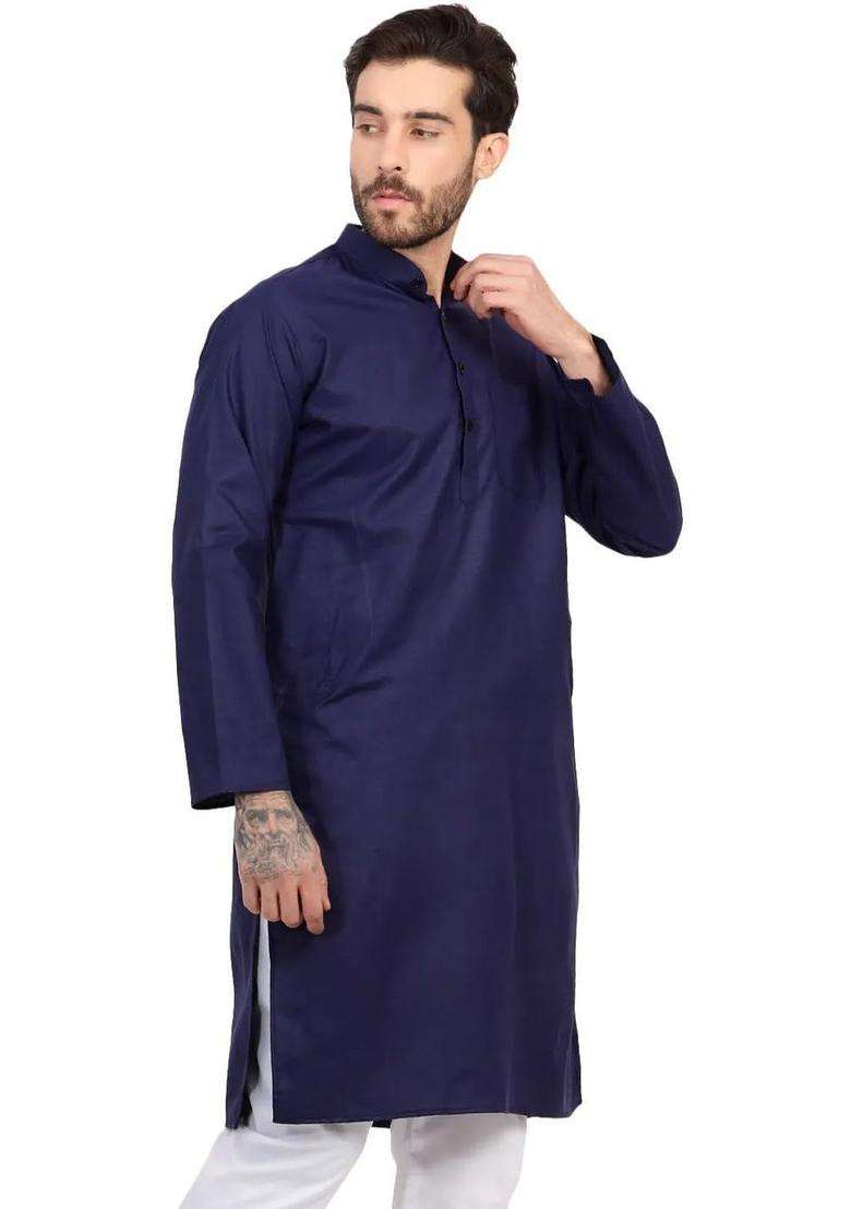 Navy Blue Dyed Silk Blend Kurta Set For Men - Indya