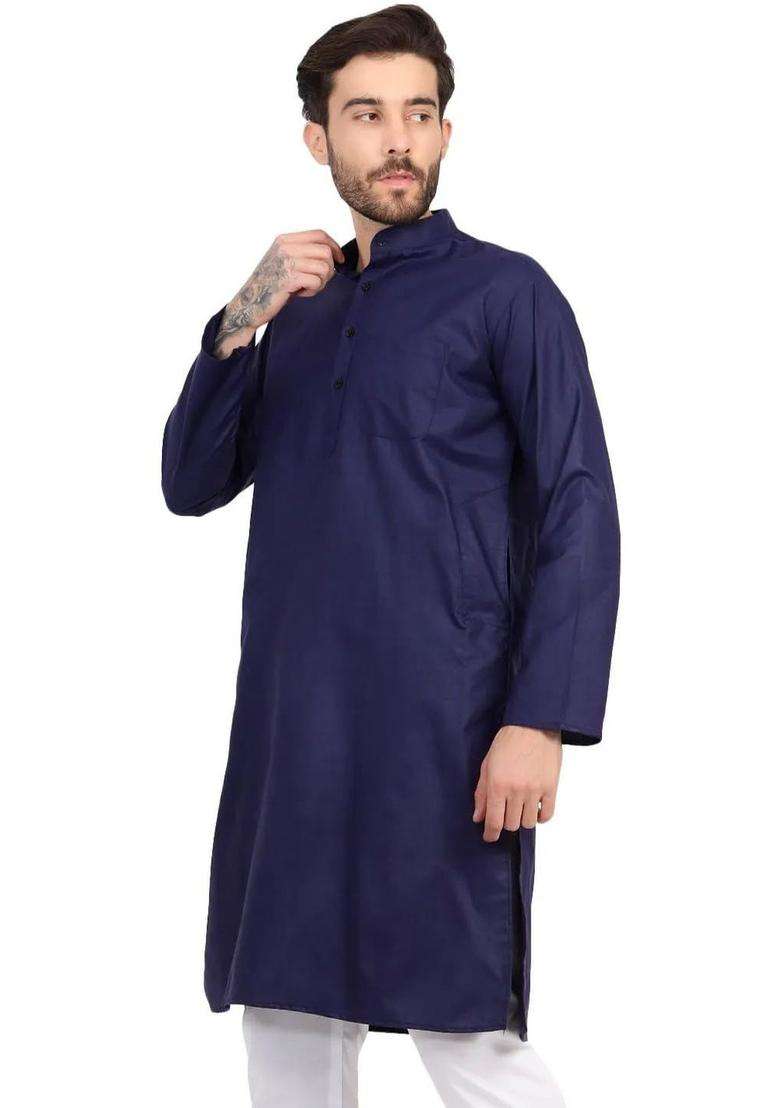 Navy Blue Dyed Silk Blend Kurta Set For Men - Indya