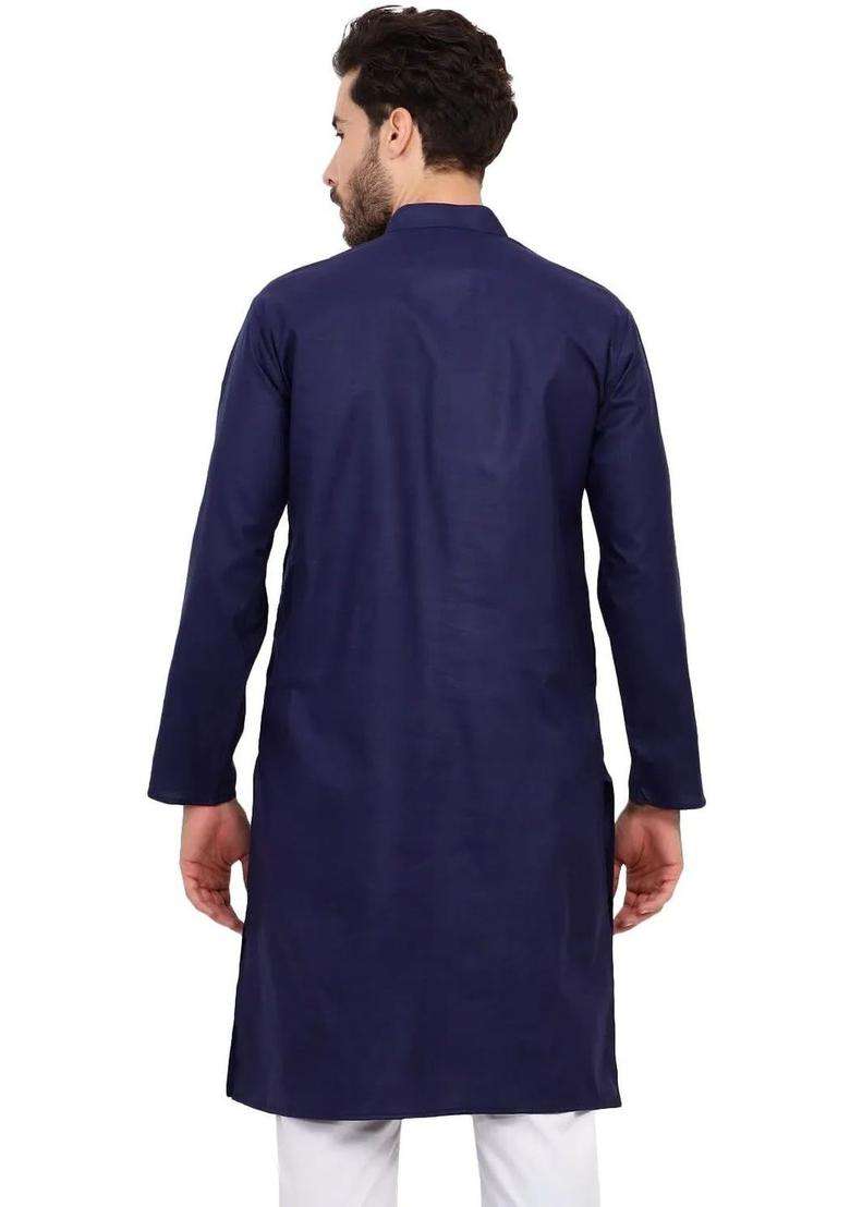 Navy Blue Dyed Silk Blend Kurta Set For Men - Indya